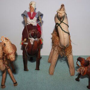 Lot of 4 Vintage Camel Figures, 2 Leather Handcrafted Camel w/ Rider Figure Plus